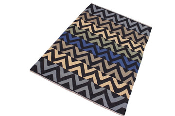 Flat Weave Kilim, Antique, Navaho, Vintage, Handmade, Modern Kilim Black Ivory Hand-Woven Rectangle 100% Wool Area Rug 5 x 7